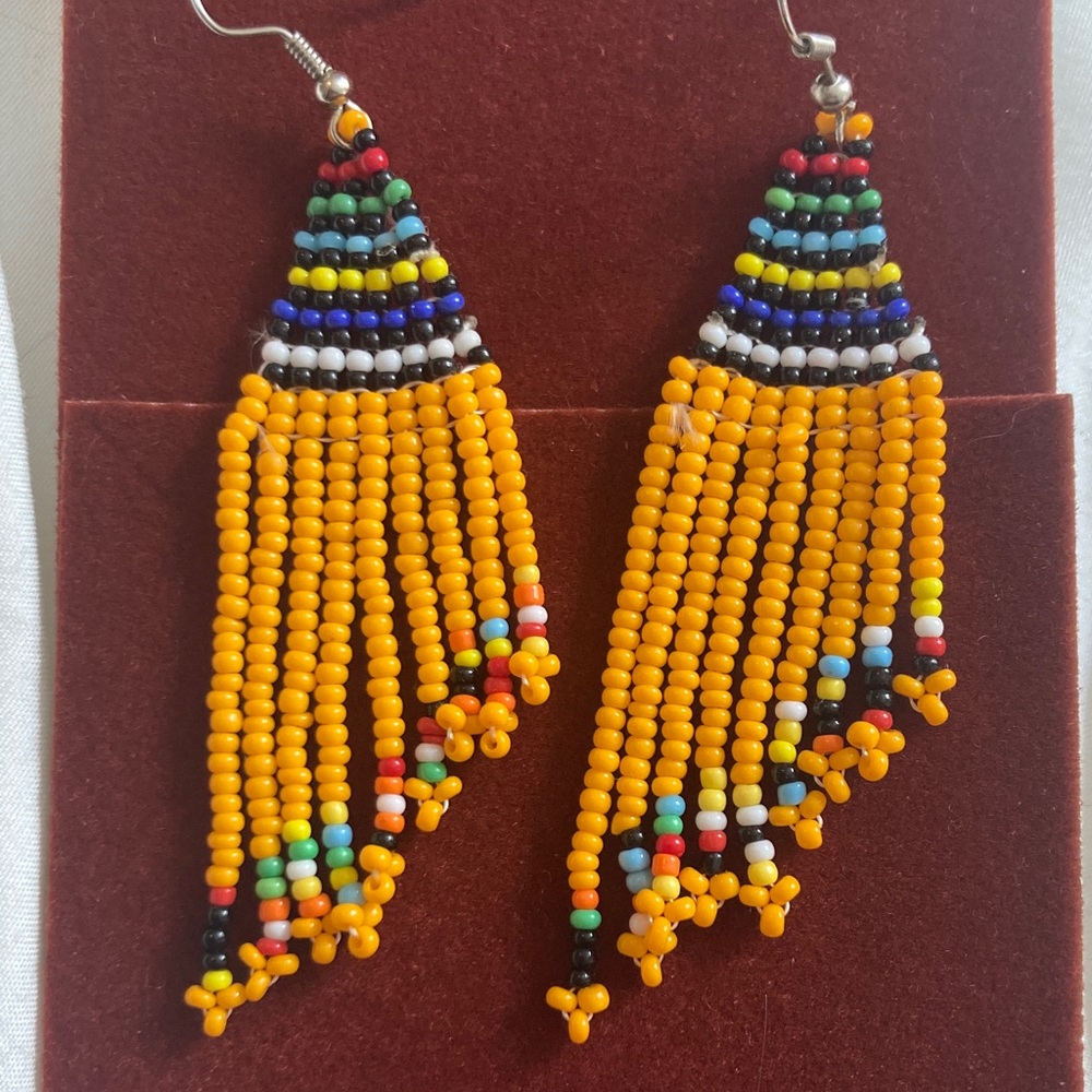 Unbranded Beaded Fringe Earrings Women OS Orange Yellow Blue Green Boho Dangle - Picture 2 of 2